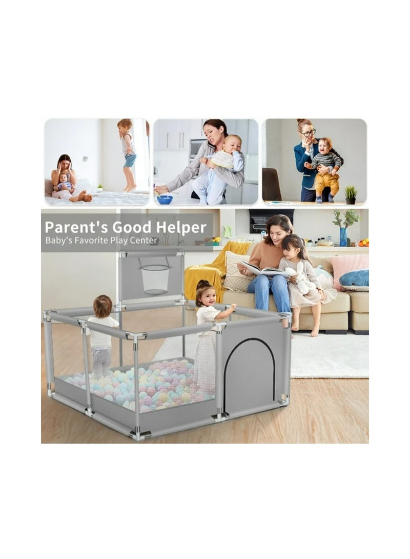 بيت كور وروضة أطفال (130×130 سم) مع حلقة سلة وشبكة حماية - ساحة لعب آمنة (بدون كرات) - Image 3